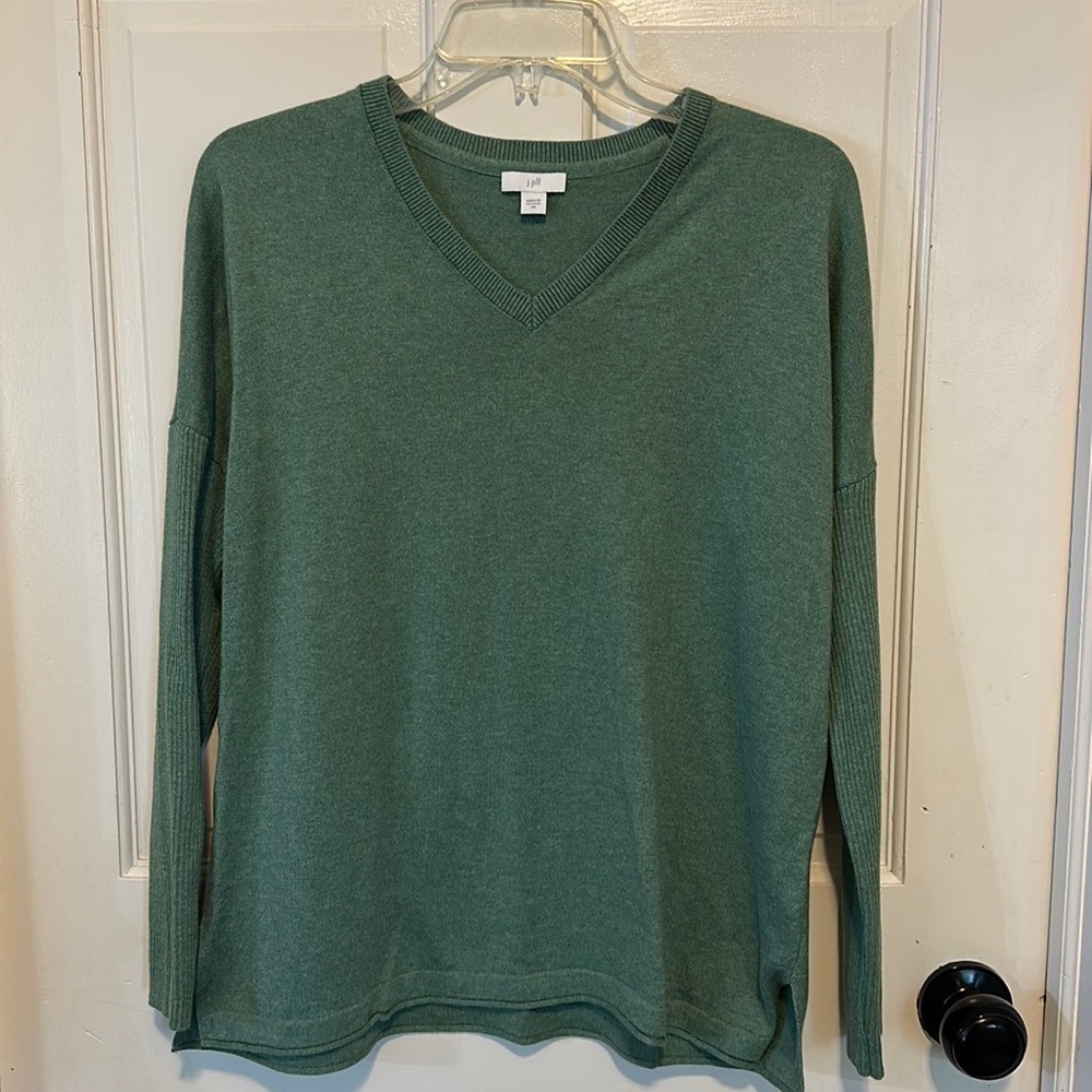 J. Jill Sweater Womens XS Green Long Ribbed Sleeve V Neck Pullover Stretch Silk